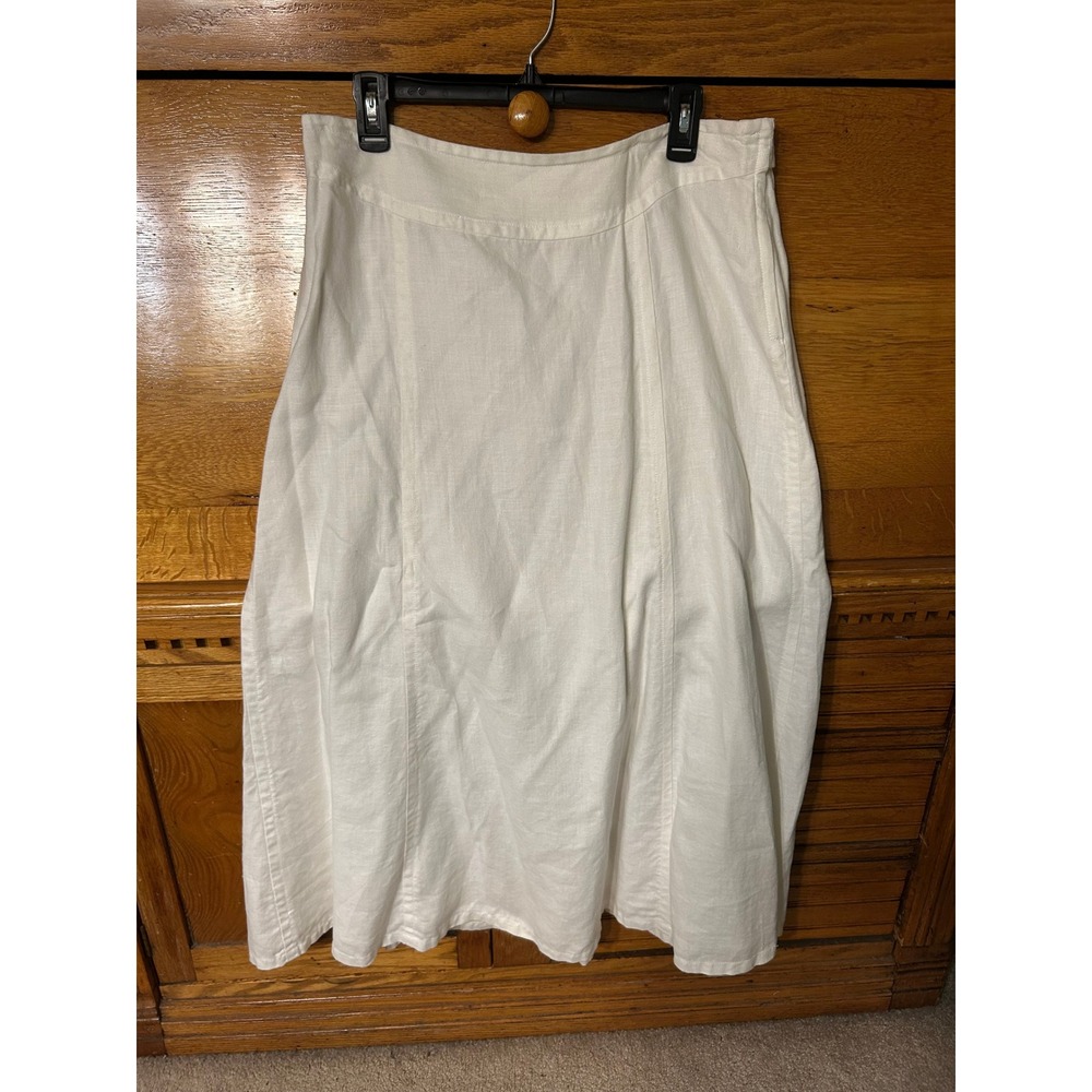 H&M White 100% Linen Lagenlook Midi Skirt Size 14 A-Line‎ Lined Summer Classic
